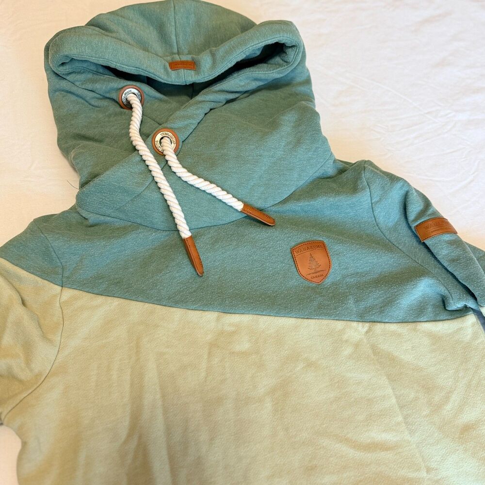 Wanakome Womens M Hoodie Colorblock Cowl Neck Thick Rope Drawstring Green Blue